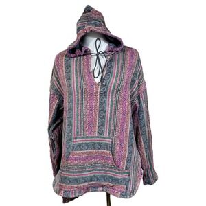 Vtg Paragraff Hoodie Medium Multicolor Striped Baja Boho Kangaroo Pocket Hippie